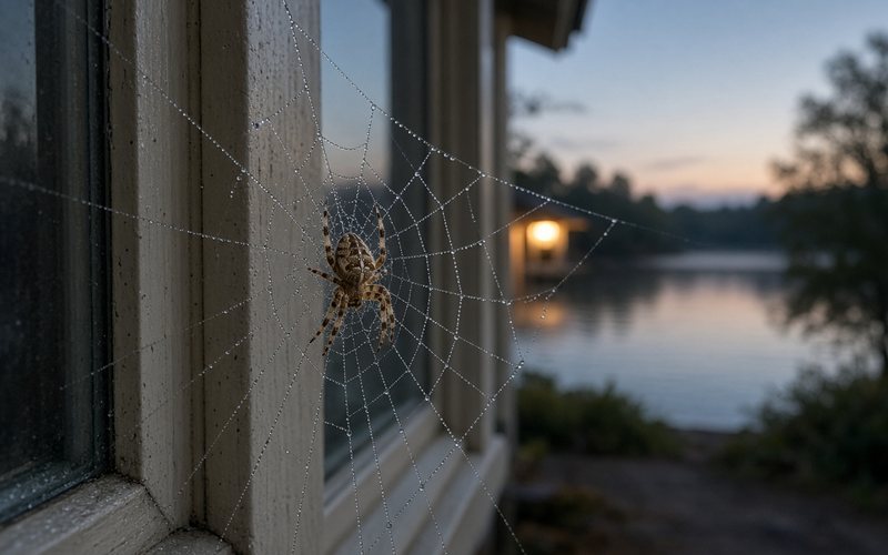 Orb-weaver spider in a dew-covered web on a window frame near the lake – why Burlington homes near water have more spiders
